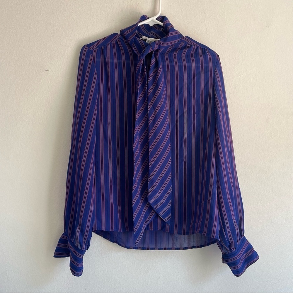 Oscar de la Renta sport blue striped tie front button down blouse long sleeve